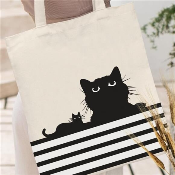 Canvas Tote Bag for Women Aesthetic Cute Cat Shopping Grocery Reusable Bag - Picture 2 of 6